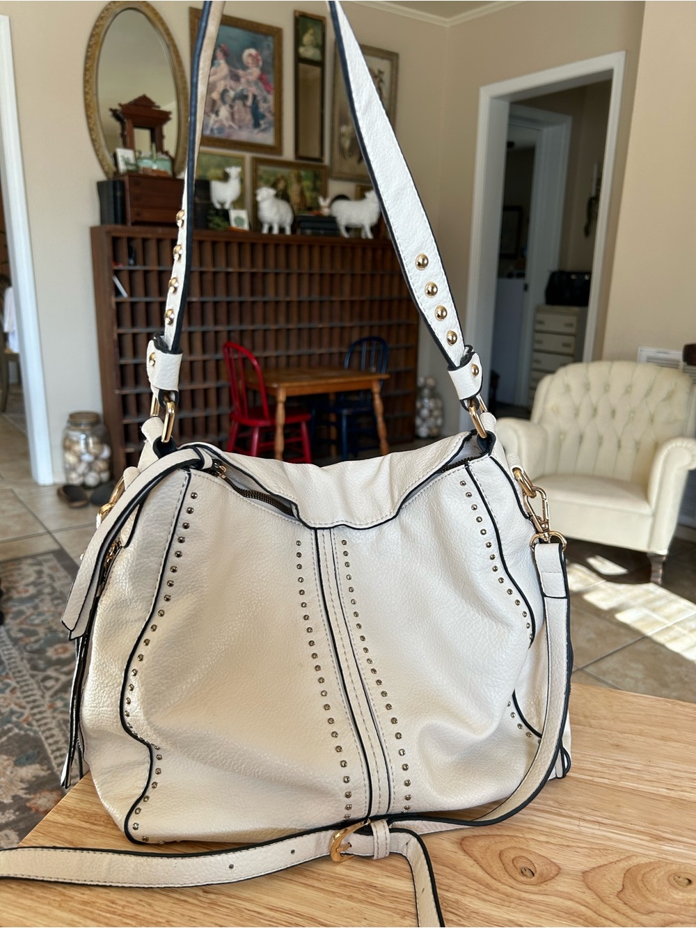 Montana West Cream Pebbled Leather Studded Hobo Bag